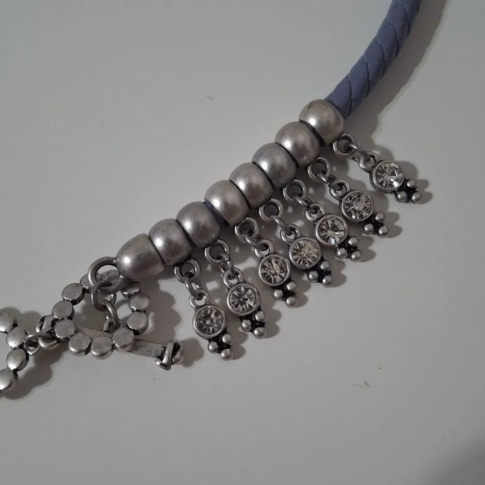 Premier Design Gray Blue Cord Silver Tone Flower Key Dangle Rhinestone Necklace